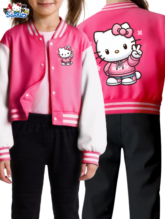 Sanrio Hello Kitty Girls' Cute Kawaii Jacket - Double-Sided Hello Kitty Print Varsity Coat with Button Closure, Warm Winter Outerwear Suitable for, Playdates & Themed Parties (Iconic KT Character)
