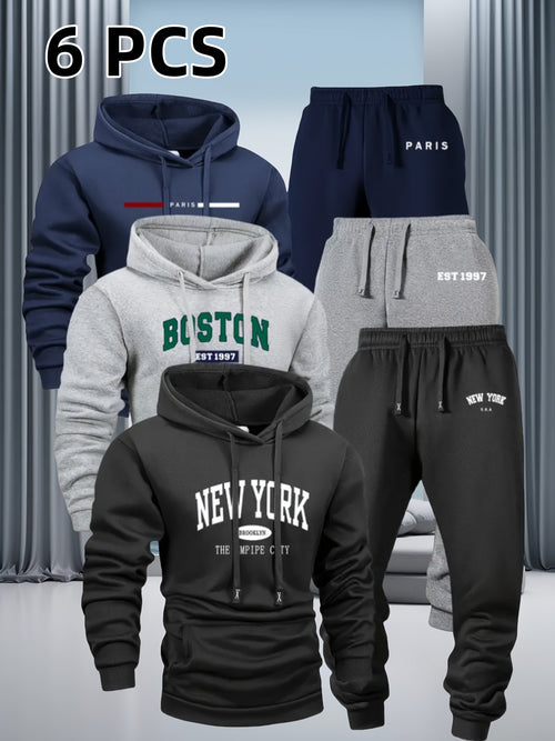 6pcs Men's Sportswear And Pants Set, Fashionable Street Style City Name Printed Sportswear for Autumn And Winter Outdoor Fitness Jogging Casual Wear, Soft, Warm And Comfortable Hooded Shirt And Pants|Men's Set