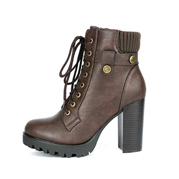 Women Short Boots Fall Winter Boots Women's Lace up Combat Ankle Boots High Chunky Heel Fashion Heeled Booties Shoes Black Boots