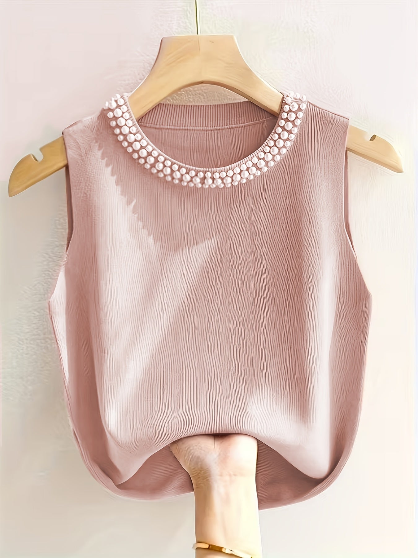 [Plus Size Tank Top] Plus Size - Ladies' Spring/Summer Fashion Nail Bead Solid Color Sleeveless Tank Top Elegant Breathable Large Top