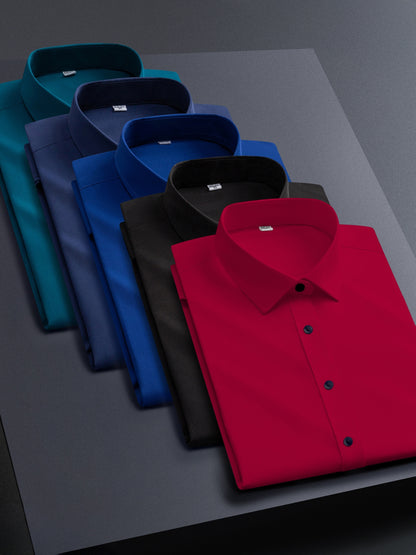 5pcs Men's Stretch Long Sleeve Dress Shirts - Solid Color Business Casual & Formal Shirts, Wrinkle-Resistant & Easy-Care, Regular Fit for Office, Wedding