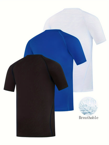 JIIHOO 3pcs Boys Breathable Short Sleeve Sports T-shirt, Quick Dry Comfortable Crew Neck Tight Top, Training And Fitness Clothing