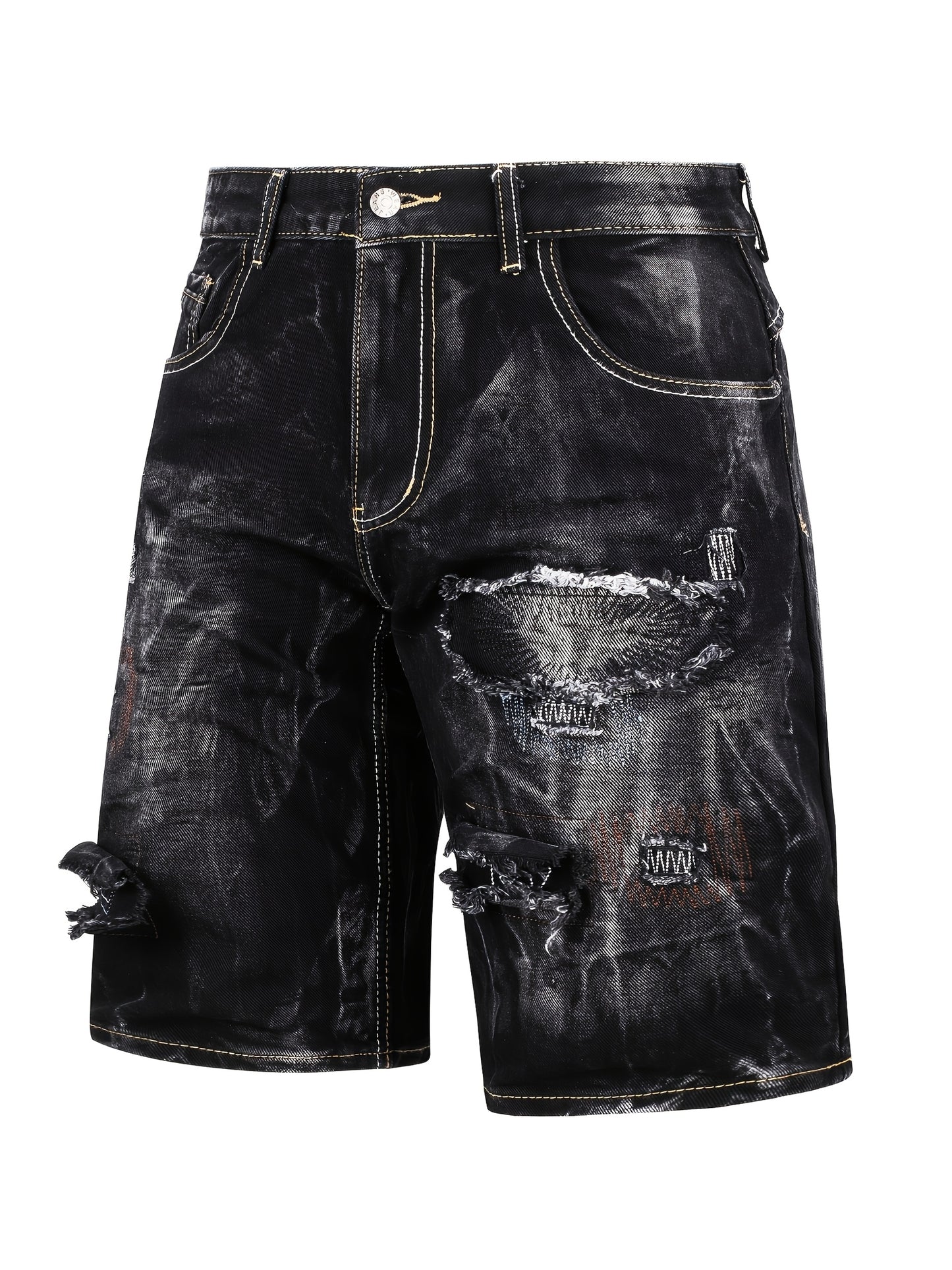Stylish And Modern Water-Washed Ripped Denim Shorts for Men, Featuring Casual Straight Fit And Embroidered Patches, Perfect for Summer Wear