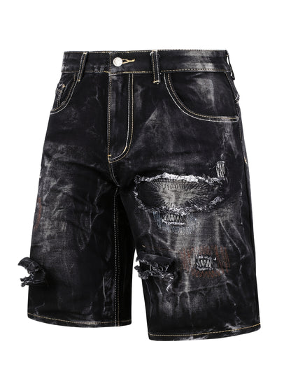 Stylish And Modern Water-Washed Ripped Denim Shorts for Men, Featuring Casual Straight Fit And Embroidered Patches, Perfect for Summer Wear