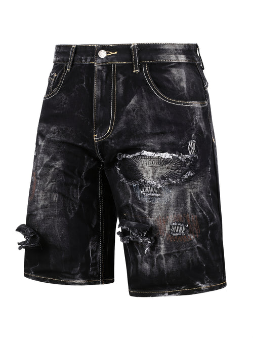 Stylish And Modern Water-Washed Ripped Denim Shorts for Men, Featuring Casual Straight Fit And Embroidered Patches, Perfect for Summer Wear
