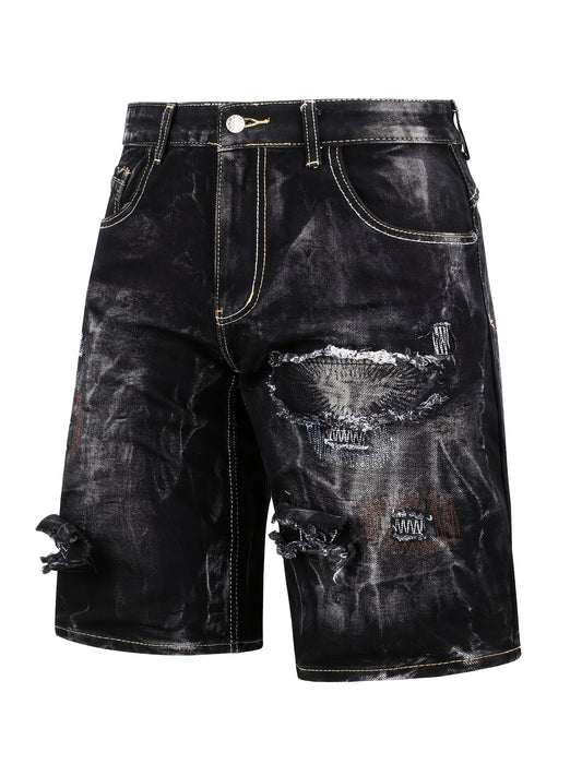 Stylish And Modern Water-Washed Ripped Denim Shorts for Men, Featuring Casual Straight Fit And Embroidered Patches, Perfect for Summer Wear