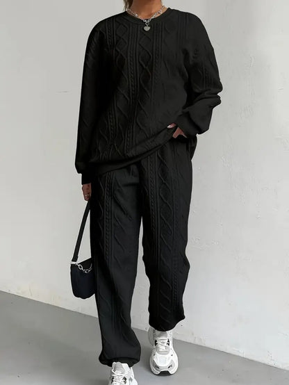 Women'S Sweatshirt Ensemble for Autumn/Winter 2025 - Featuring a Solid Color, Cable Patchwork, Long Sleeve Crew Neck Top And Cuffed Pants in a Two-Piece Outfit, Including a Pullover And Sweater, Perfect for Christmas And Fall