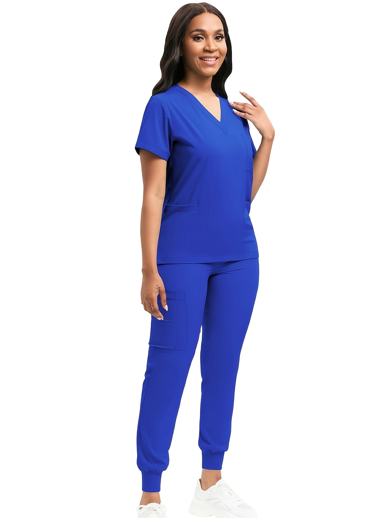 [Scrub Suit Set] Scrub Suit Set For Women Modern V-Neck Top T-Shirt & Tapered Leg Jogger Pants With Drawstring 2pcs Set Nursing Uniforms Set Suitable For Pet Hospitals, Dental Clinics, Nursing Work, Etc