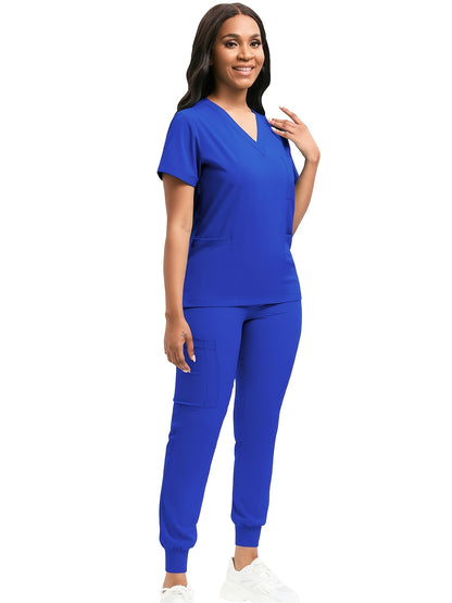 [Scrub Suit Set] Scrub Suit Set For Women Modern V-Neck Top T-Shirt & Tapered Leg Jogger Pants With Drawstring 2pcs Set Nursing Uniforms Set Suitable For Pet Hospitals, Dental Clinics, Nursing Work, Etc