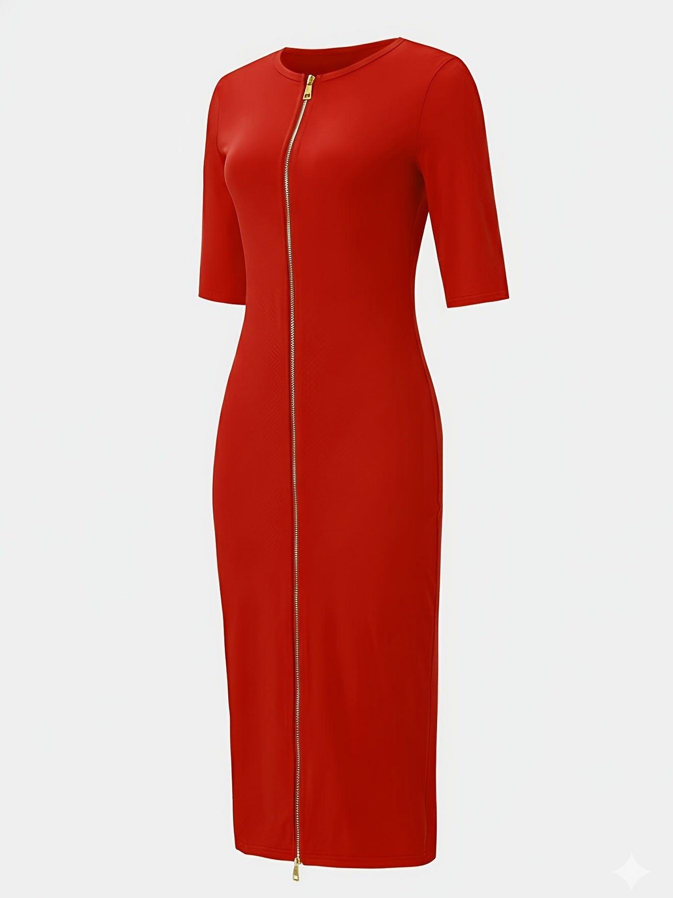 Elegant and Simple, Slim-fit Cut, Zipper Design, Boat Neckline, Mid-length Short-sleeve Dress, Cardigan Dress, Suitable for Fashionable Women, Short-sleeve Dress for Spring, Summer, and Autumn