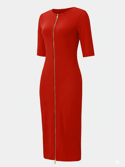Elegant and Simple, Slim-fit Cut, Zipper Design, Boat Neckline, Mid-length Short-sleeve Dress, Cardigan Dress, Suitable for Fashionable Women, Short-sleeve Dress for Spring, Summer, and Autumn