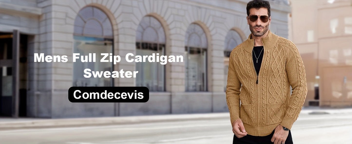 Men'S Cardigan Sweater, Solid Color Cable Knit Full Zipper Sweater, Casual And Warm Sweater For Autumn And Winter, A Good Gift For Friends, Or A Blind Box Gift.
