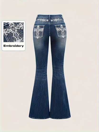 Women'S Vintage Stretch Flare Jeans - Cross Embroidery & Belt Loop Detailing, Slim Fit Elegant Denim for All-Season Wear