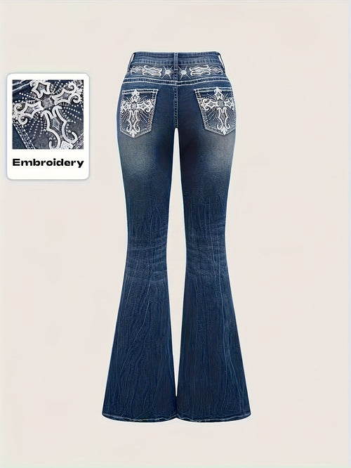 Women'S Vintage Stretch Flare Jeans - Cross Embroidery & Belt Loop Detailing, Slim Fit Elegant Denim for All-Season Wear