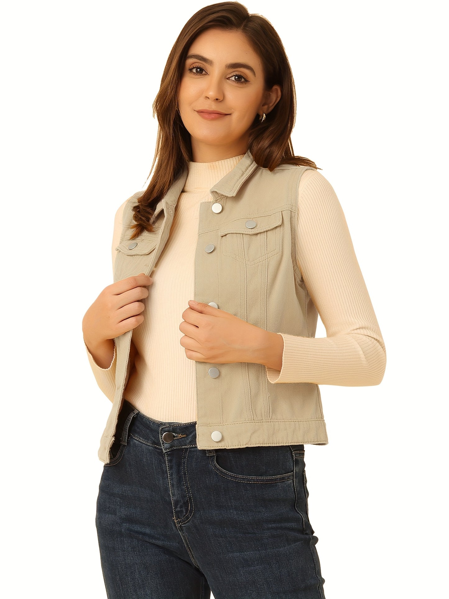 Women's Buttoned Washed Denim Vest Jacket W Chest Flap Pockets