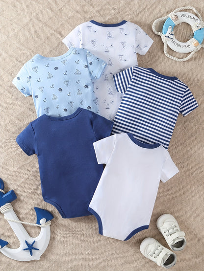 5pcs Set of Baby Boys' Short Sleeved Cartoon Triangle Jumpsuit, Ha Yi, Baby Boys' Ocean Boat Anchor Casual Crawling Suit, for Outdoor