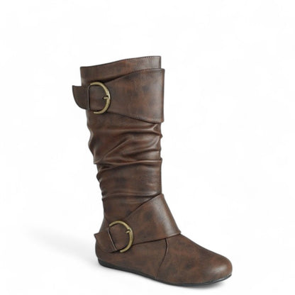 Women's Closed Round Toe Buckle Slouch Flat Heel Mid-Calf Boot