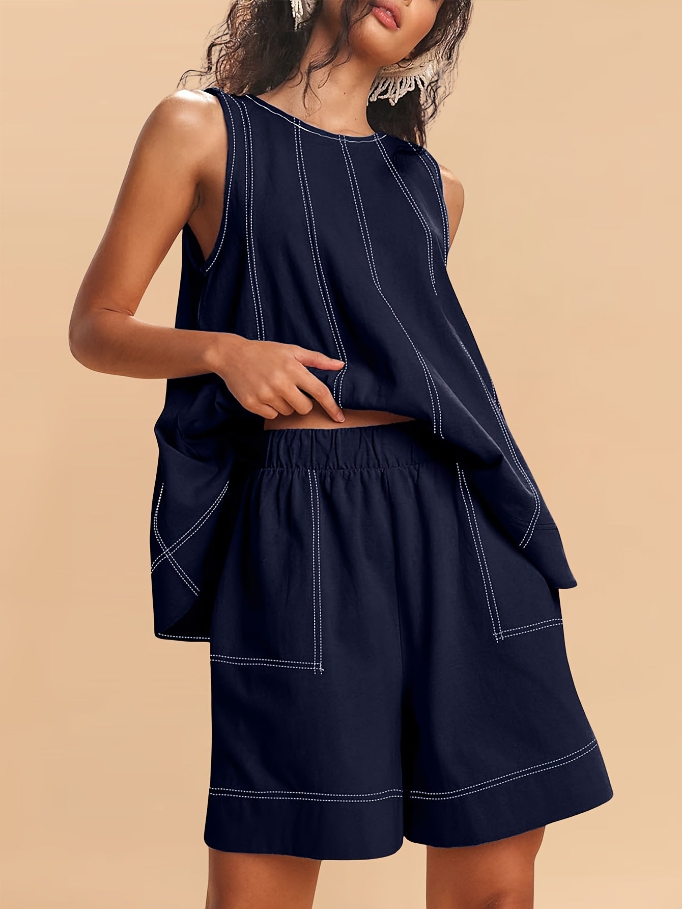 Womens 2pcs Outfits Sleeveless Matching Sets A Line Tank Tops Contrast Stitching High Waist Shorts with Pockets