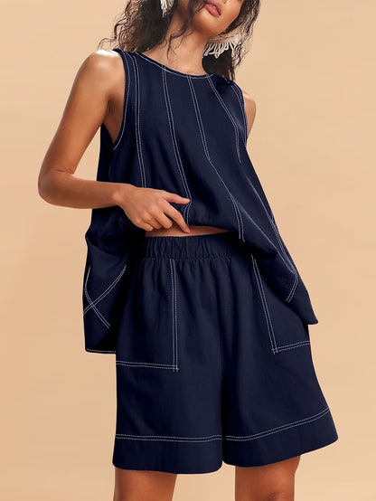 Womens 2pcs Outfits Sleeveless Matching Sets A Line Tank Tops Contrast Stitching High Waist Shorts with Pockets
