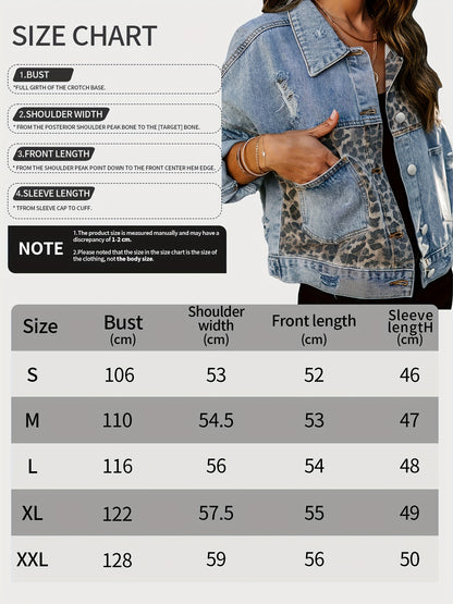 [Long Sleeved Leopard Print Denim Jacket] Women's Collar Leopard Print Long Sleeved Denim Jacket, Single Breasted, Cropped Denim Jacket, Women's Denim Clothing