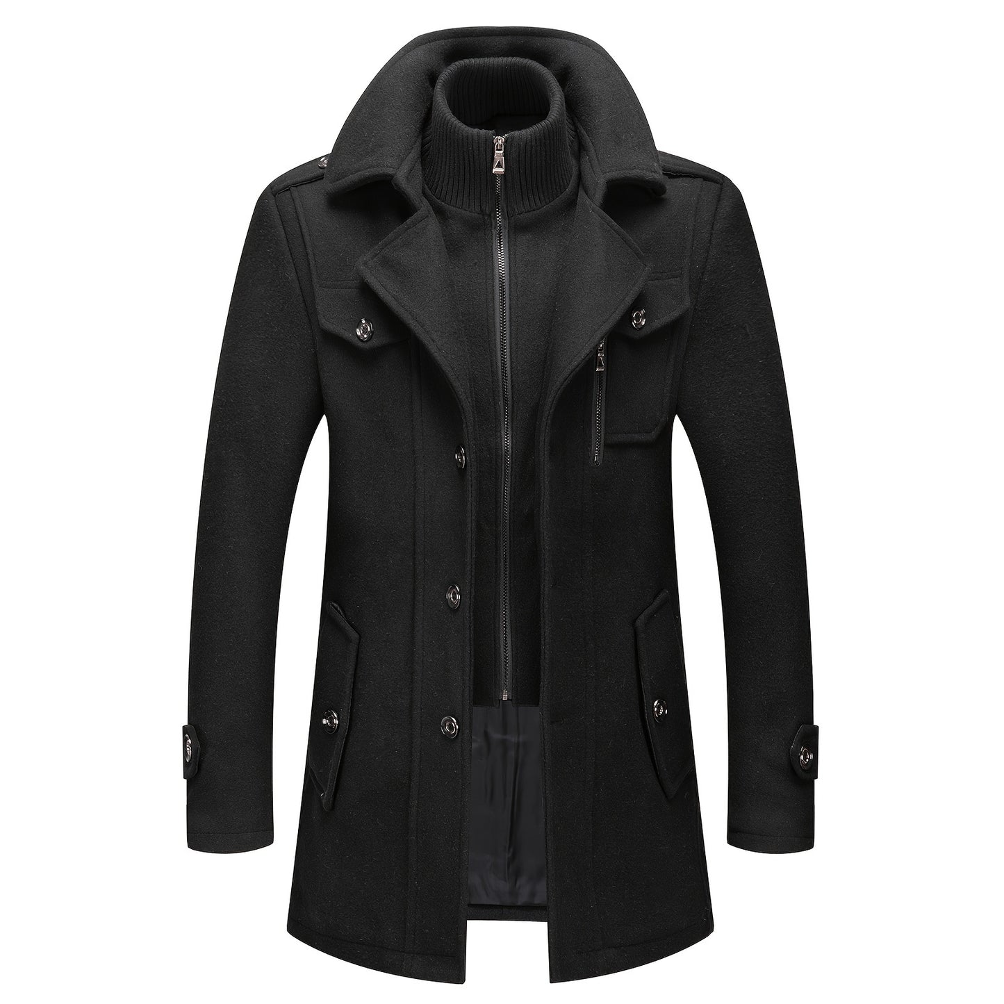Men's Stand Collar Fleece Blend Pea Coats with Removable Inner Collar Single Breasted Overcoat