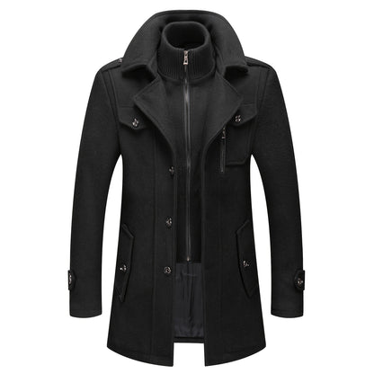 Men's Stand Collar Fleece Blend Pea Coats with Removable Inner Collar Single Breasted Overcoat