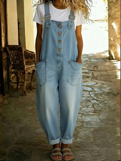 Plus Size, Items Run Small, Please Order According to Our Size Chart. Plus Size Women's Casual Loose Denim Overalls with Button Pockets, Denim Jumpsuit for Daily Wear.