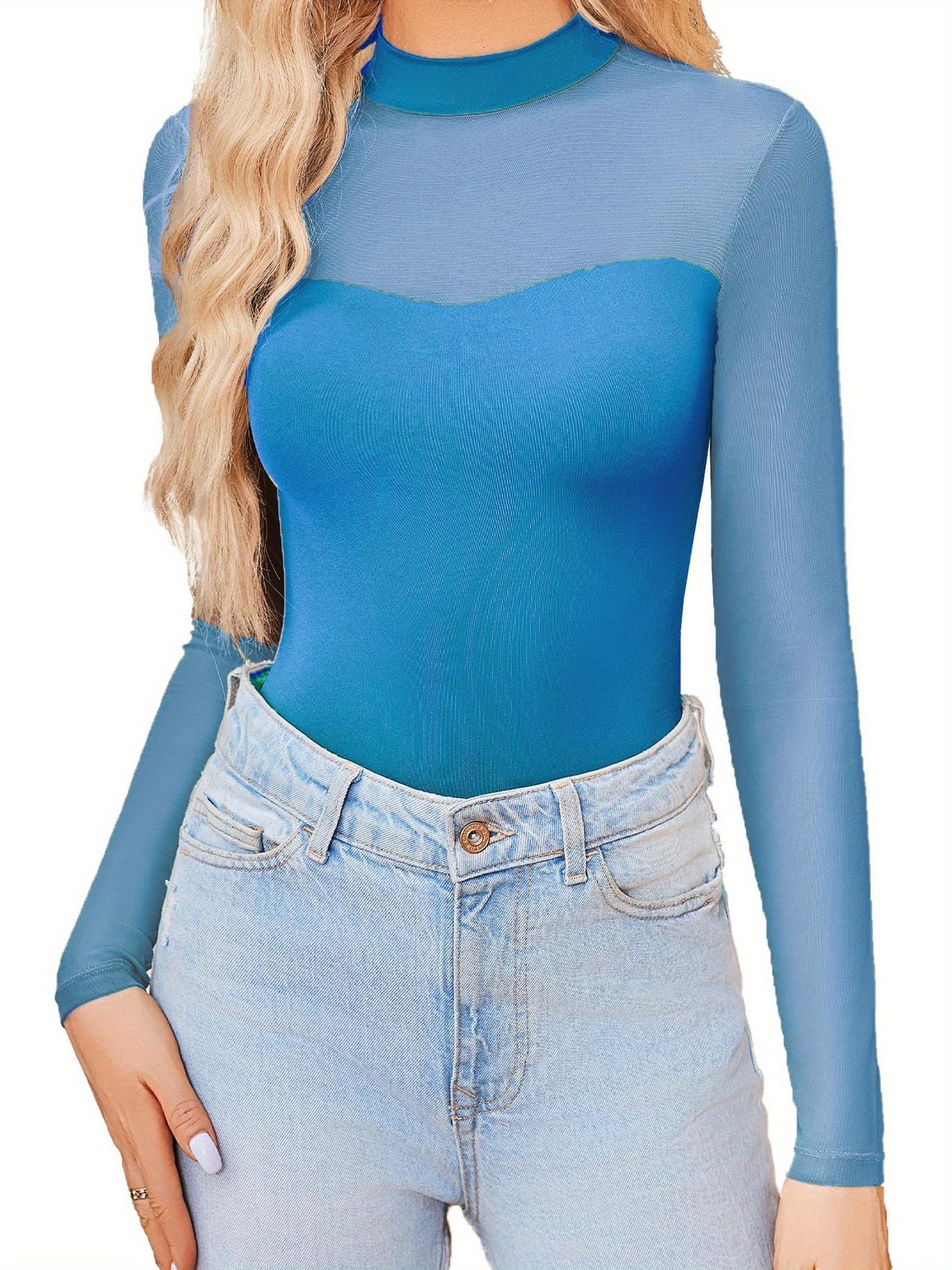 Sexy Mock Turtle Neck Sheer Mesh Long Sleeve Bodysuit Shirts Ruched Body Suit Leotard Tops