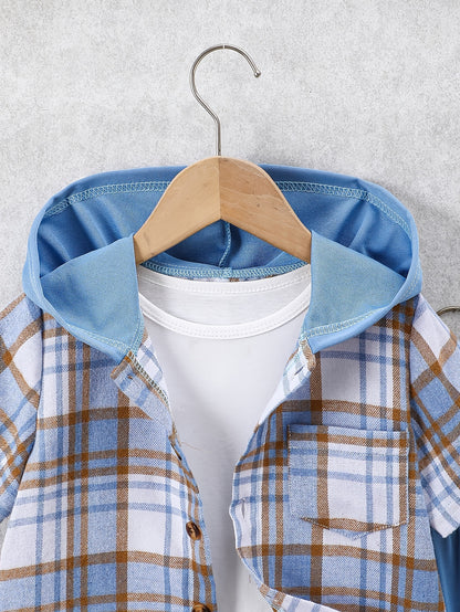 2pcs, Children's Short-sleeved Plaid Shirt Shorts Hooded Top Cardigan Fashion Casual Children's Shorts Set, Perfect for Outdoor