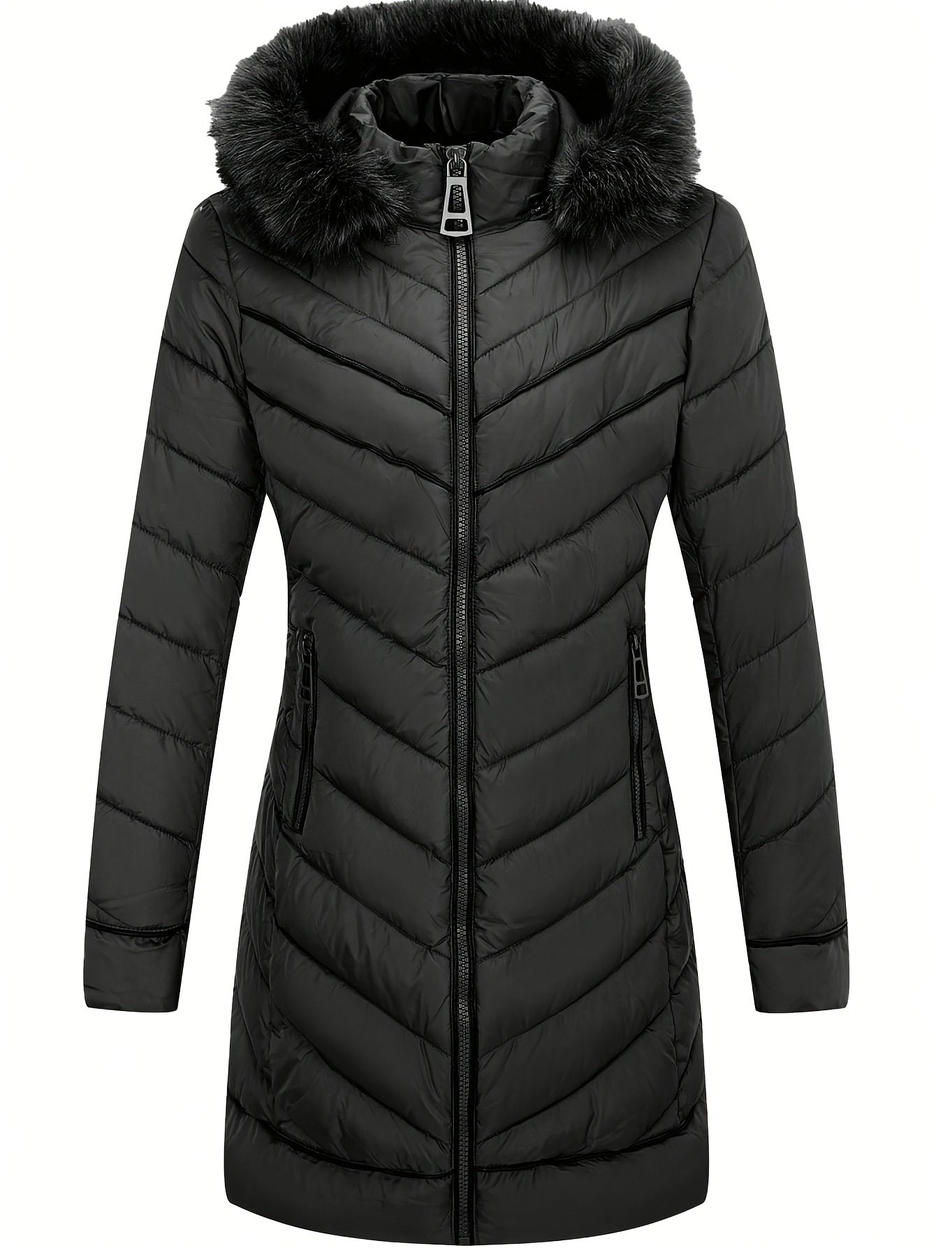 Zip-up Faux Trim Hoodie Puffy Coat, Casual Thermal Long Sleeve Coat for Fall & Winter, Women's Clothing