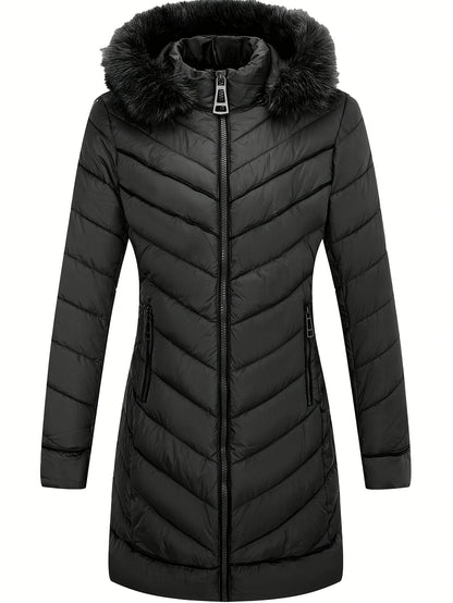 Zip-up Faux Trim Hoodie Puffy Coat, Casual Thermal Long Sleeve Coat for Fall & Winter, Women's Clothing
