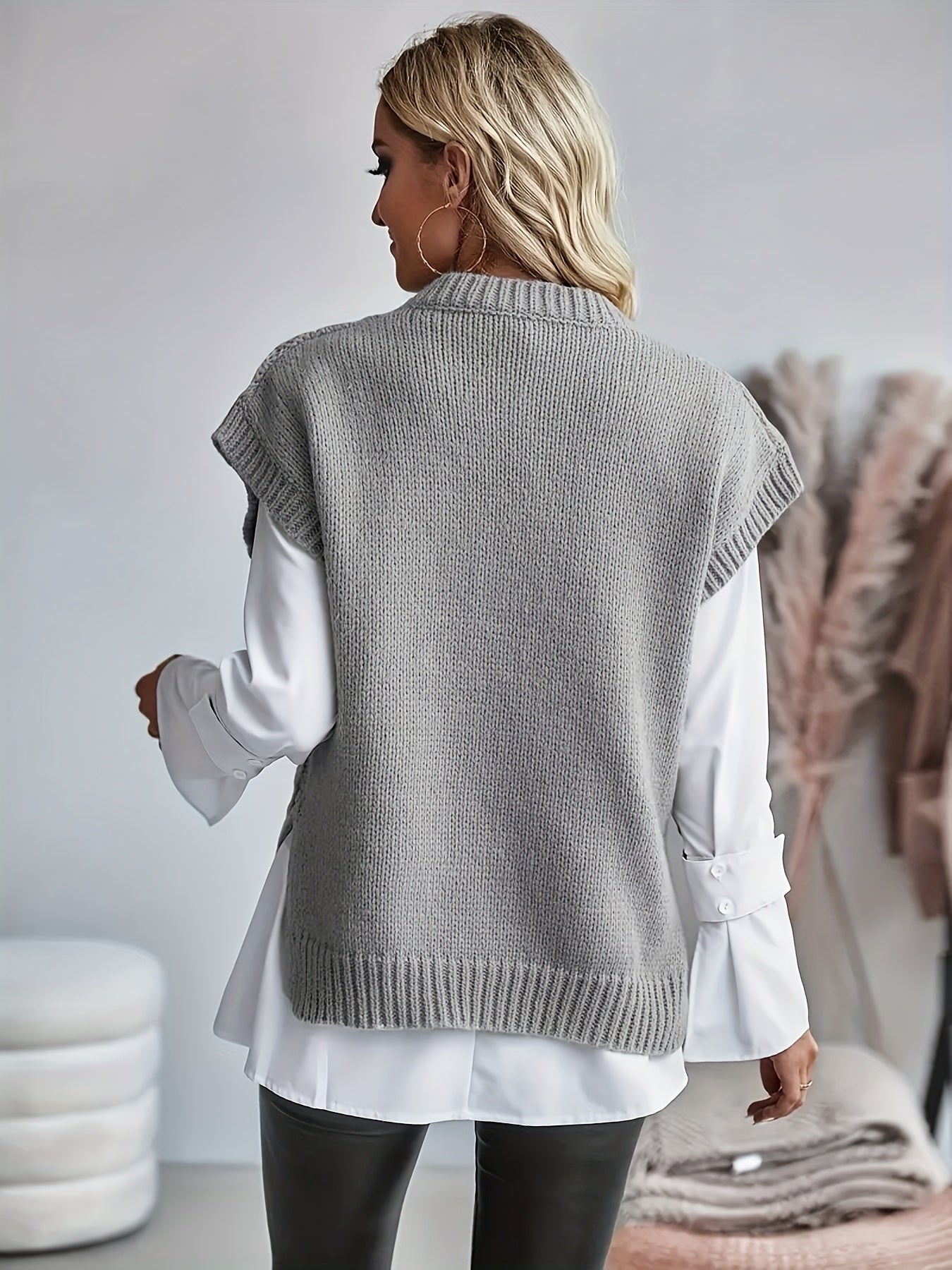 Women's Cable Sweater Vest - Sleeveless Round Neck Slit Hem Blouse, Solid Color Medium-Elastic Knitwear for Spring Summer Fall Layering, Casual & Semi-Formal Wear (Hand Washable)