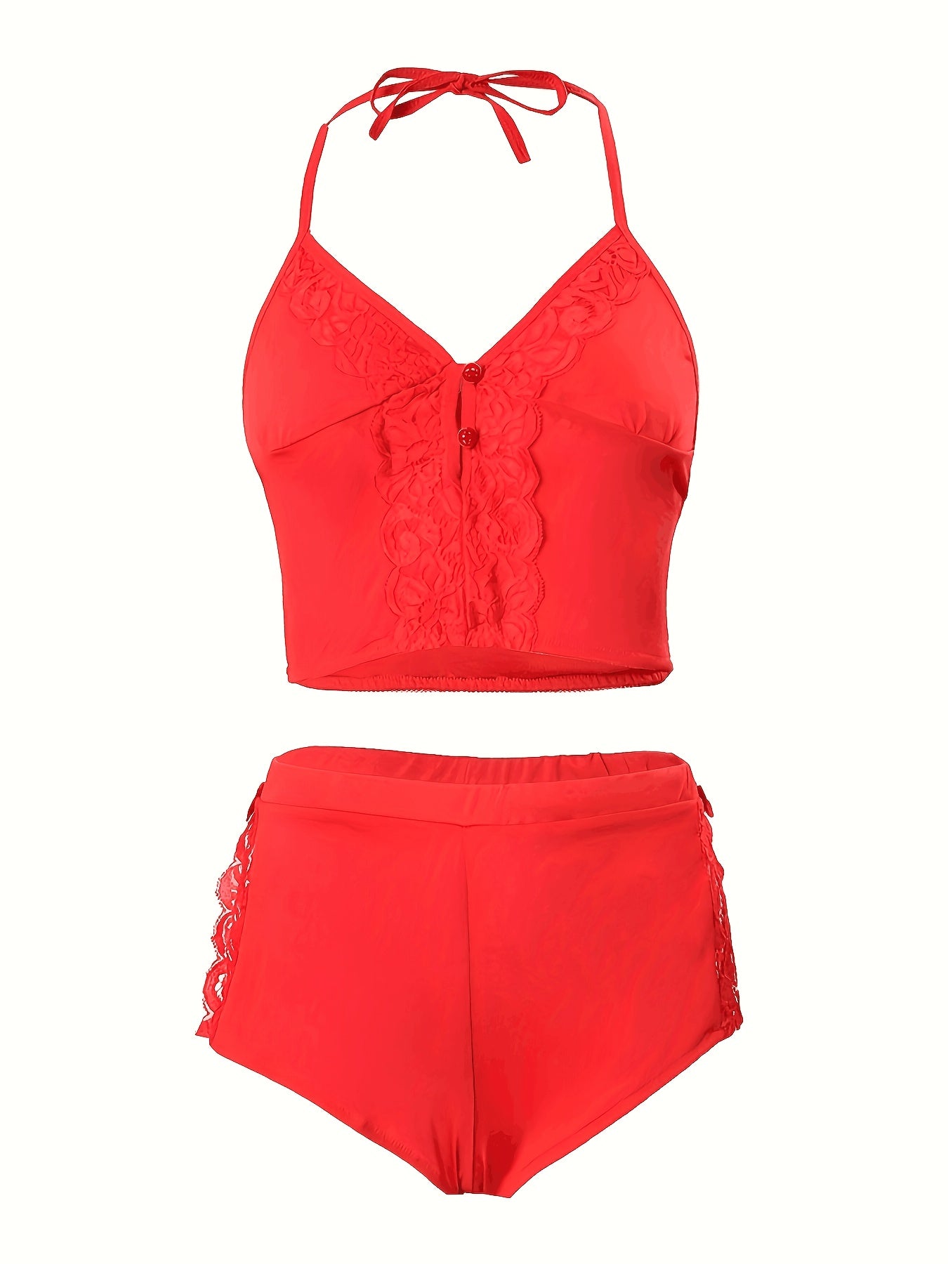 Spring/Summer New Gift Set: Solid Color Lace Trim Halter Neck Tie-Back Button-Up Open-Back Lace Trim Soft Skin-Friendly Sexy Home Sleepwear Set
