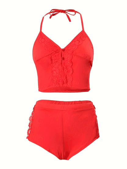 Spring/Summer New Gift Set: Solid Color Lace Trim Halter Neck Tie-Back Button-Up Open-Back Lace Trim Soft Skin-Friendly Sexy Home Sleepwear Set