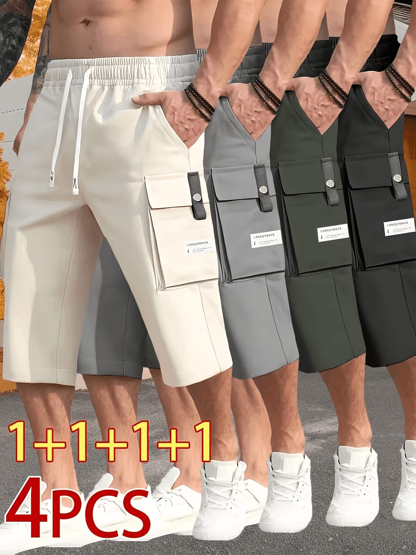 4pcs Men's Cargo Shorts with Ripstop Fabric & Multi-Pocket Design - Adjustable Waist, 7/8 Length Shorts Suitable for Outdoor Travel,, Sports, Casual Wear | Wristband Included | Machine Washable | Available in Black, Gray, Khaki, Army Green