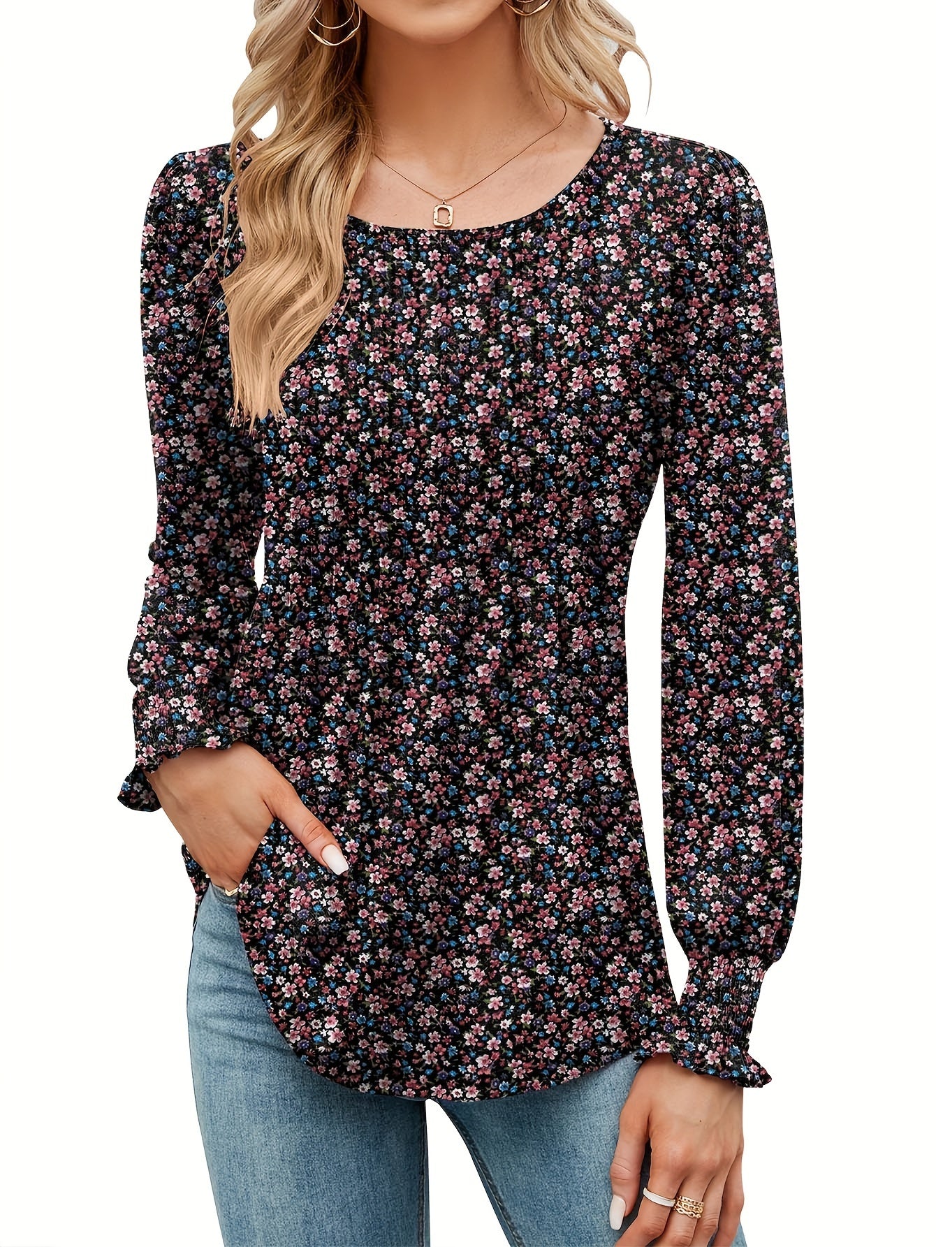 Women's Casual Fall Floral Round Neck Puff Sleeve Tunic Long Sleeve Top Pleated Loose And Versatile T-Shirt