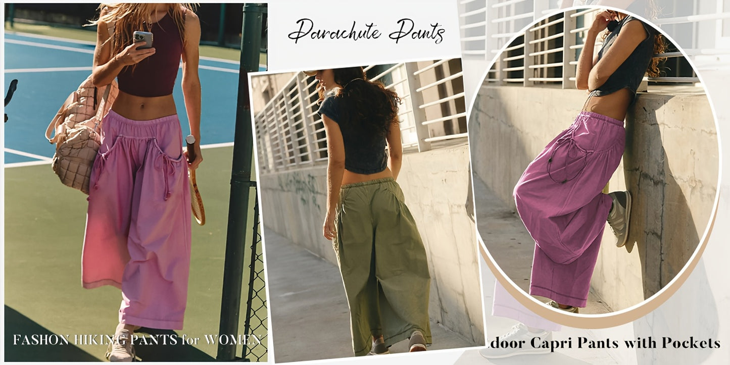 Women'S Lightweight Wide Leg Sweatpants - Summer High Waist Elastic Joggers With Pockets | Cargo Pants For Workout Hiking Travel | Casual Streetwear Athleisure Capri Pants