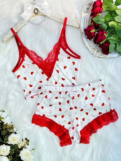 Contrast Color Lace Stitching Plaid Love Print V-neck Bilateral Side Open Backless Skin-friendly Soft Home Casual Pajamas Set