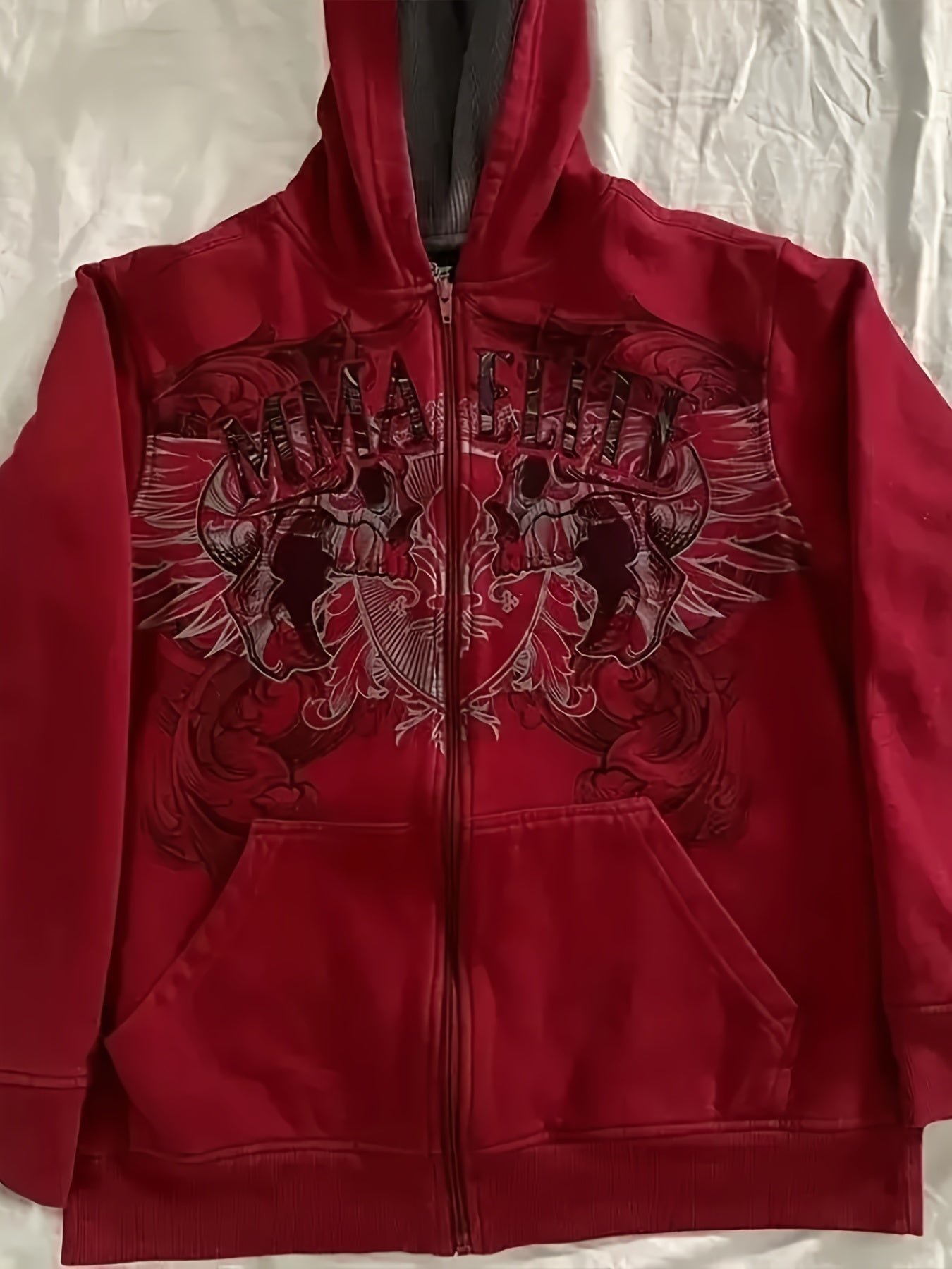 Y2K MMA Elite Zip Up Hoodie, Red Vintage Graphic Streetwear Jacket with Gothic Skull Wing Print, Full Zip Sweatshirt for Fall Winter, Unisex Hip Hop  Style Hoodie for Teens Men Women Couples, American Aesthetic Fashion Outerwear