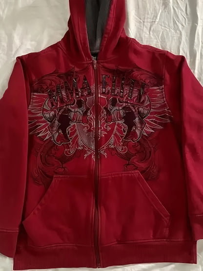 Y2K MMA Elite Zip Up Hoodie, Red Vintage Graphic Streetwear Jacket with Gothic Skull Wing Print, Full Zip Sweatshirt for Fall Winter, Unisex Hip Hop  Style Hoodie for Teens Men Women Couples, American Aesthetic Fashion Outerwear