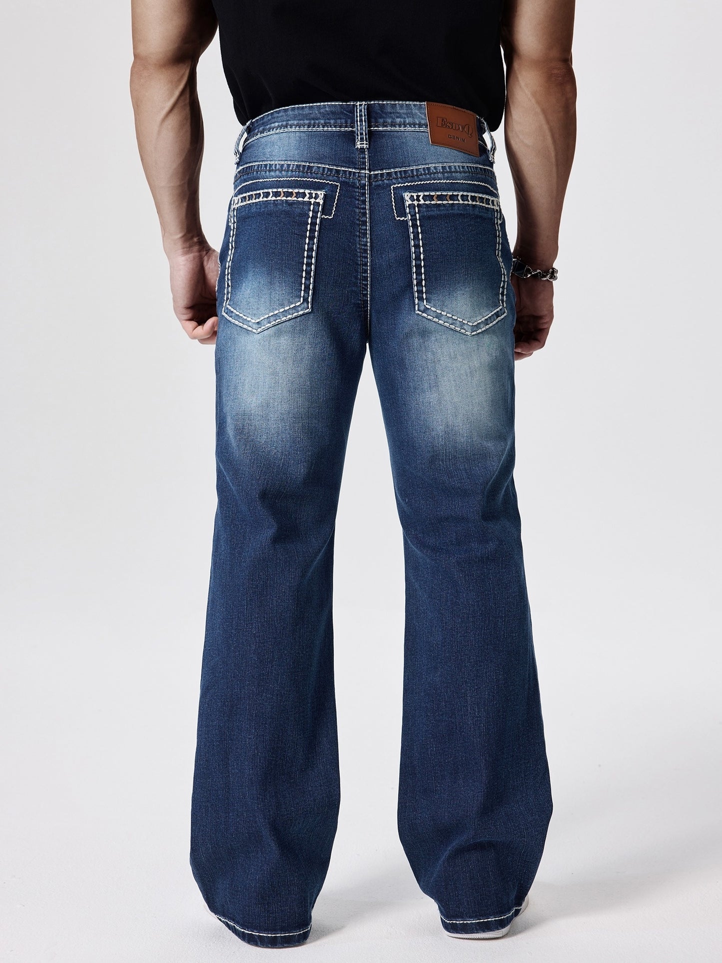 ESDVQ Men's Slim-Fit Classic Washed Denim Bell-Bottom Jeans - Mid-Stretch Machine-Washable Flared Pants with Suitable for All-Season Wear, Comfortable Stretchable Bell-Bottoms for Casual & Dressy Outfits