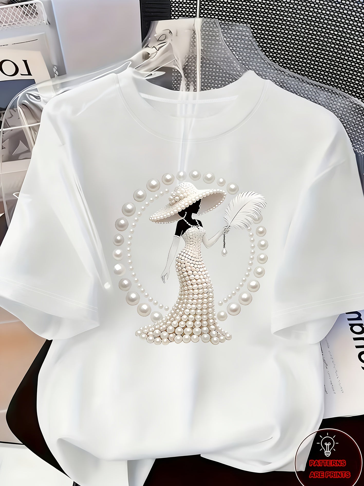 Elegant Light Luxury High-end Temperament Style Wear! Women's Printed T-Shirt-Pearl Diamond Jewelry Women's Design | Light Luxury Gorgeous Daily | Soft and Breathable Upper Body Fabric, Spring and Summer Casual Round Neck Short-sleeved Top