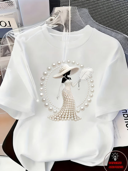 Elegant Light Luxury High-end Temperament Style Wear! Women's Printed T-Shirt-Pearl Diamond Jewelry Women's Design | Light Luxury Gorgeous Daily | Soft and Breathable Upper Body Fabric, Spring and Summer Casual Round Neck Short-sleeved Top