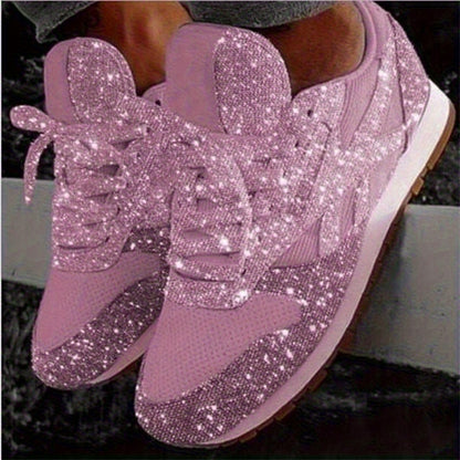 Women'S Slip-On Sneakers Glitter Pink with Sequin Decoration Casual Round Toe Lace-Up Shoes Thick Cushioning Sole PU Material Upper Four Seasons Comfortable Casual Wear Women'S Sneakers, Women Shoes