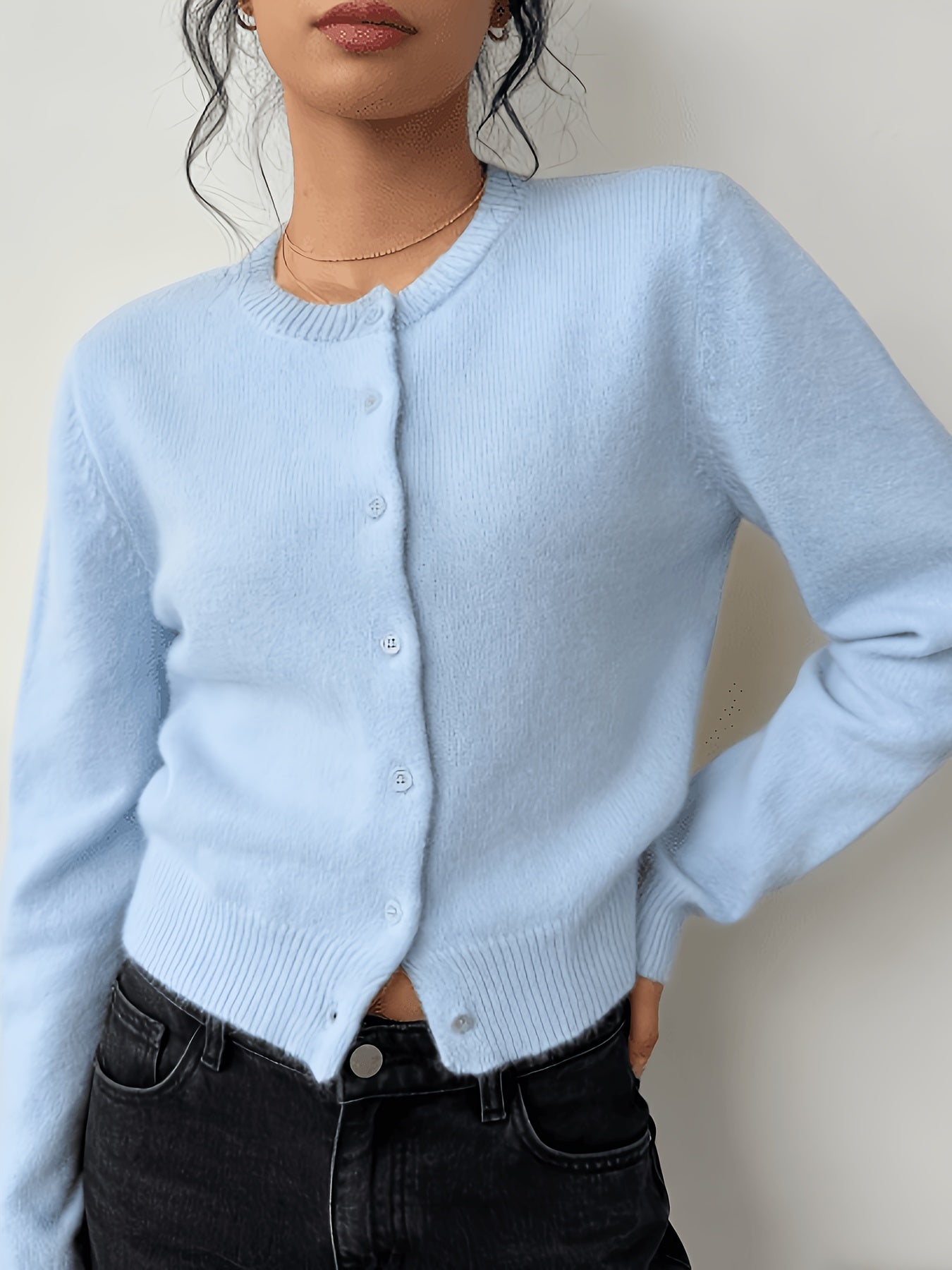 New Spring And Summer Fashionable Elegant Women's Stretch Button Cardigan - High-Elasticity Crew Neck Spring/Autumn Sweater, Hand Wash/Dry Clean Spring And Summer Apparel, Lightweight And Breathable Daily Commute, Sports And Leisure Top, Qqq