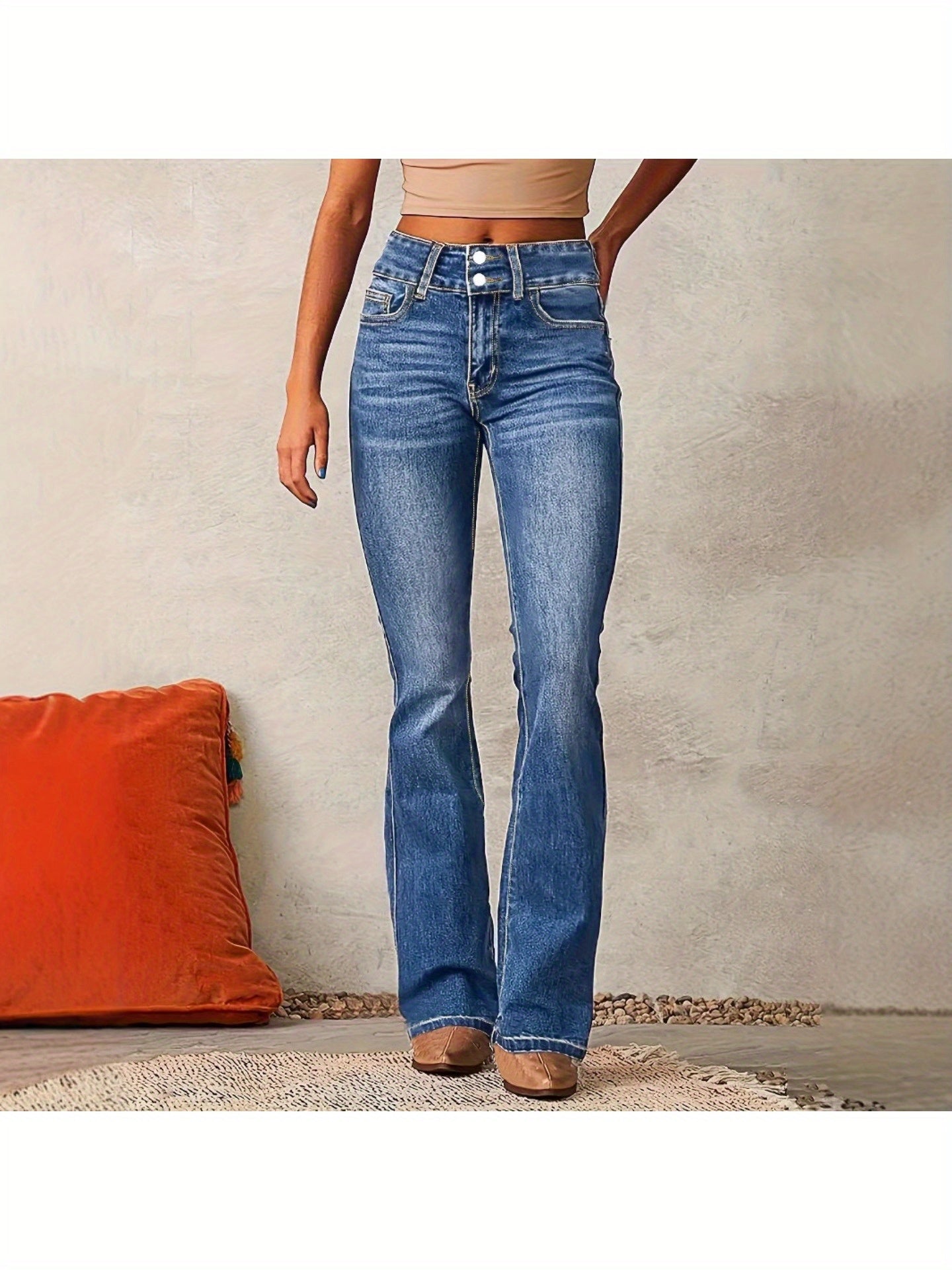 1 Pair Women'S Retro Stretch Washed Bootcut Jeans, Streetwear Style Flared Denim Trousers, S-XXL