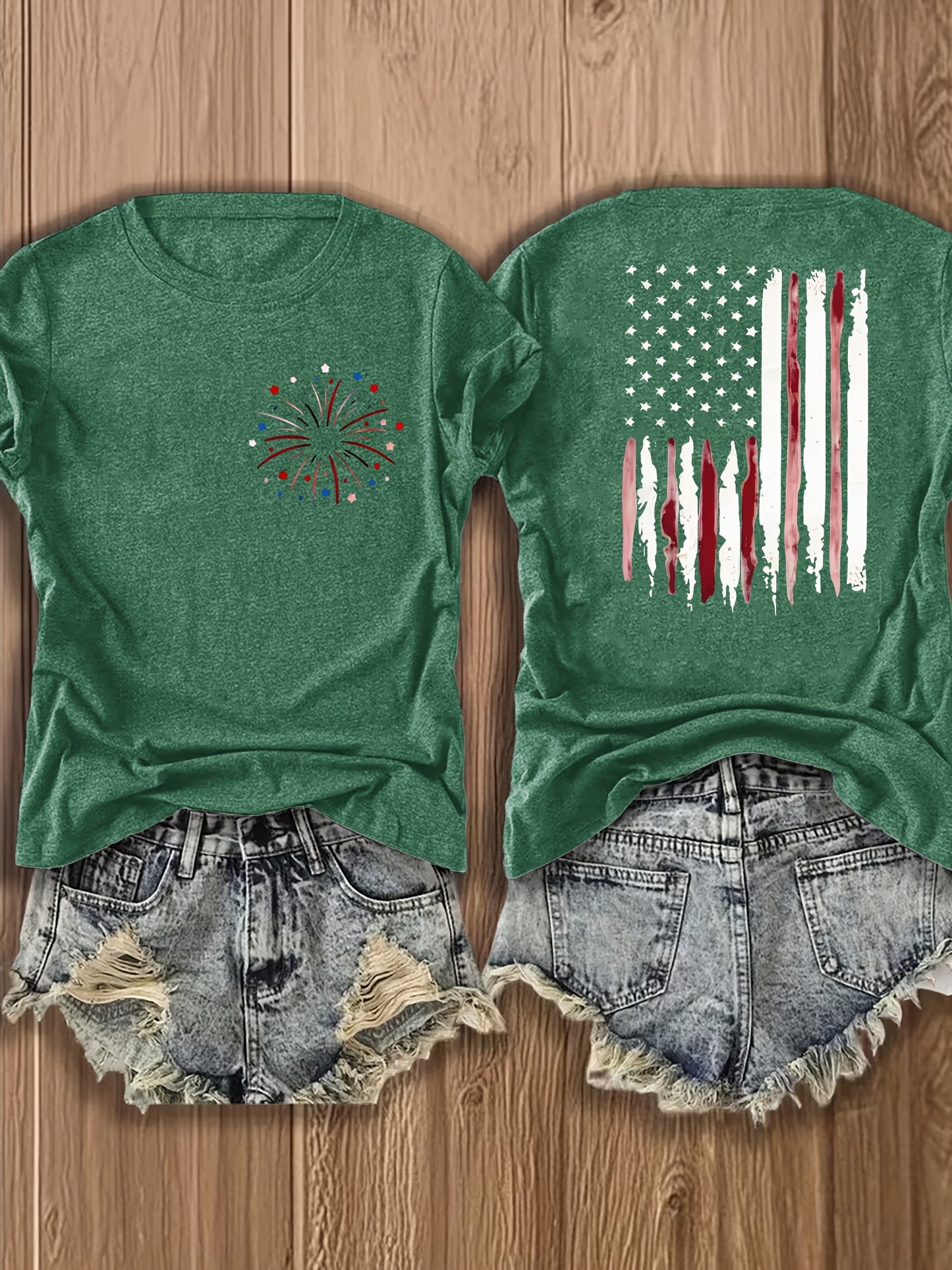 Women'S Summer Crew Neck Short Sleeve T-Shirt, Lightweight & Breathable, American Flag & Fireworks Print, Casual Street Style Top For Daily Wear & Patriotic Celebrations, Comfortable Athletic Outfit