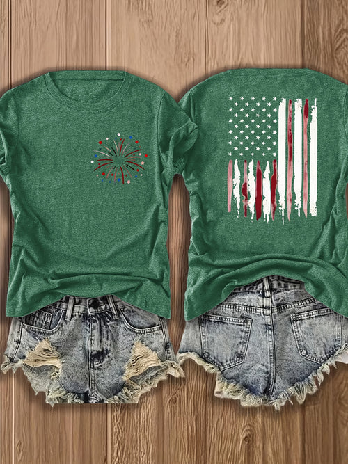 Women'S Summer Crew Neck Short Sleeve T-Shirt, Lightweight & Breathable, American Flag & Fireworks Print, Casual Street Style Top For Daily Wear & Patriotic Celebrations, Comfortable Athletic Outfit