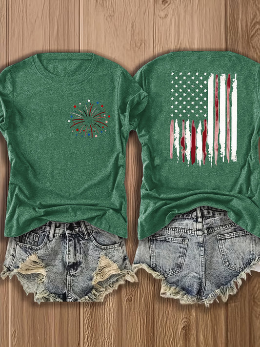 Women'S Summer Crew Neck Short Sleeve T-Shirt, Lightweight & Breathable, American Flag & Fireworks Print, Casual Street Style Top For Daily Wear & Patriotic Celebrations, Comfortable Athletic Outfit