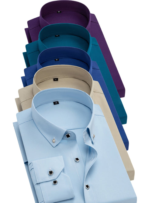 5pcs Men'S Long Sleeve Dress Shirts with Rhinestone Button Closure - Solid Color (, Red, Green) | Wrinkle-Resistant & Breathable Fabric, | All-Season Business Casual & Formal Wear | Machine Washable, Dress Shirts for Men